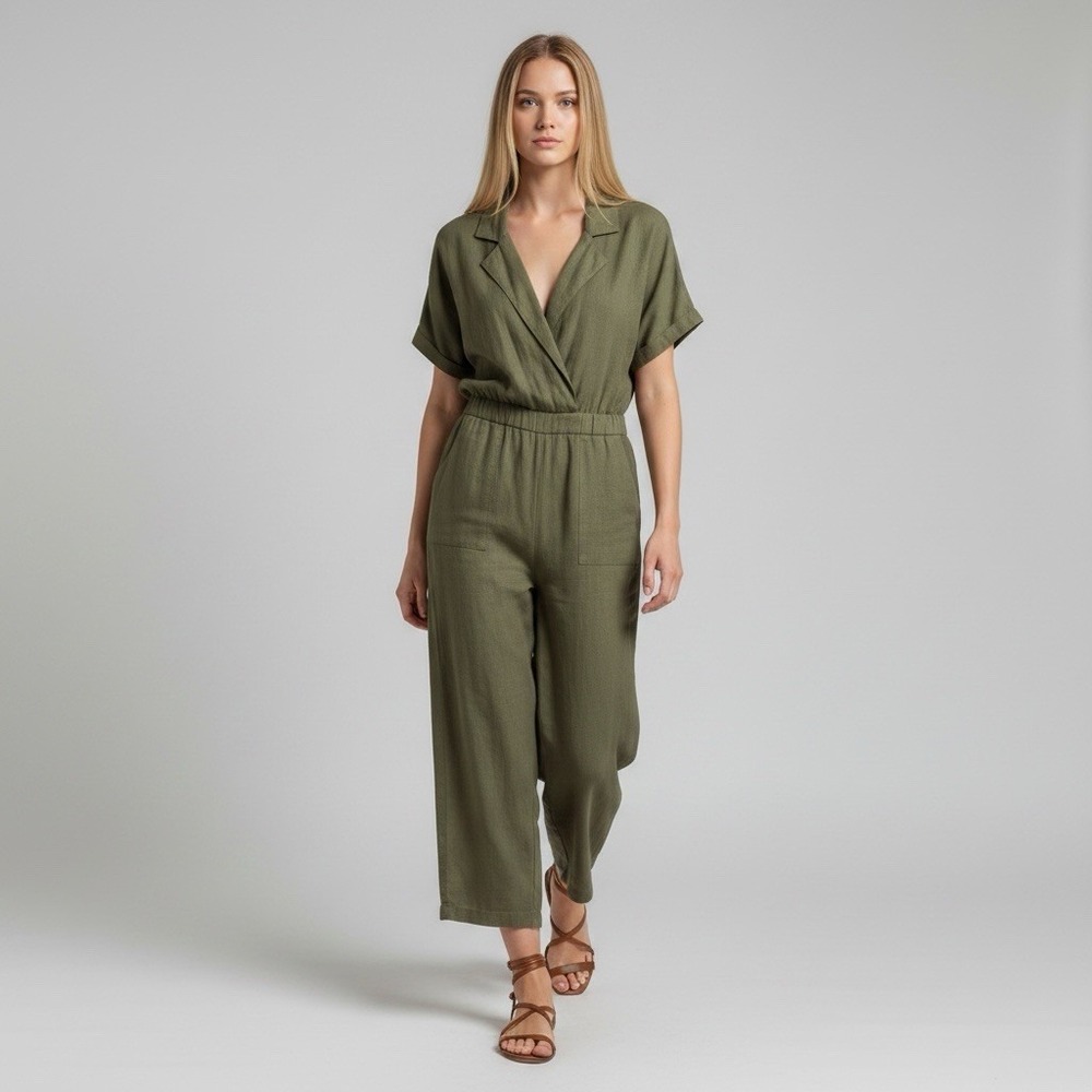 Little Lies Linen Jumpsuit Olive Green Utility Cottagecore Boho Wide Leg M Ramie